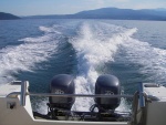 Flat but not glassy day, twin 40's, headed out of Sequim Bay, with 