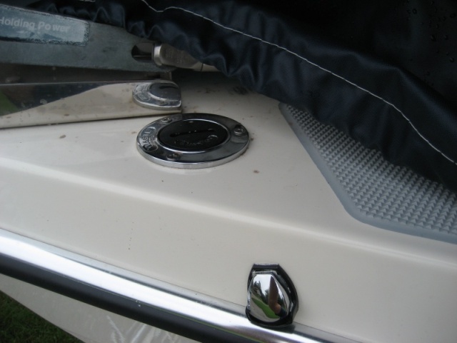 Porta-Potty pump out cap and vent, located on port side of bow