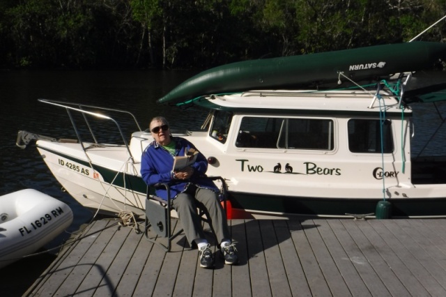 Two sets of bumpers.  
The Red bumpers balls, one behind Penny\'s leg,  are on a short fixed tether and have snaps that go to cleats.  Good for many docks.  The green longer bumpers are on a longer line and need to be tied to fit where needed.  Some docks are too high or two low and sometimes you raft to a larger boat.