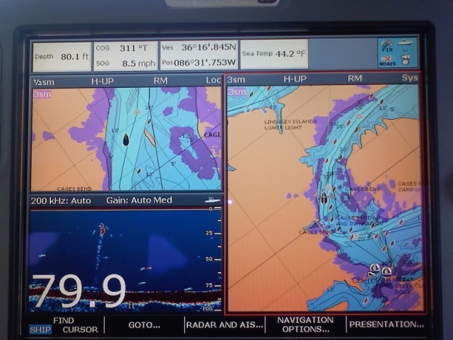 E-120 and auto pilot installed by a certified  Raymarine installer.            You can arrange the screen anyway you wish and overlay the Radar like shown here.