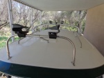 Yakima Kayak supports.  Stern supports fit on rocket launcher bar.  Bow fits on the stainless tubing Casey designed.