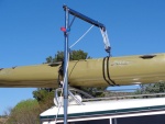 Close-up of our newly installed Garhauer Lift after lifting our 87 pound Hobie Mirage Tandem Kayak securely on top of Katmai.