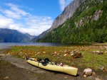 Punchbowl Cove in Misty Fjords National Monument. Granite cliffs 3000 feet tall plunge into water 1000 feet deep. We tied to a mooring buoy,  kayaked to shore and then hiked an amazingly difficult trail to some gorgeous waterfalls.  Life is good.  A few hours after we returned to the boat, there was a big brown bear on this same beach.