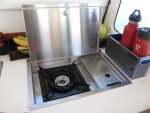 Princess butane drop-in stove, flat stainless lidded version (other version has wooden cutting board that sits on top).