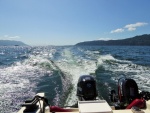 After cruising up Hales Passage and entering the Straight of Georgia, waves were 6+ feet so I turned around and found a calmer path around the South end of Lummi, over to Orcas, and approaching Sucia from the SW.  In this photo, passing between Clark & Barnes and Orcas, almost to Sucia, finally 3.5 hours after launching!
