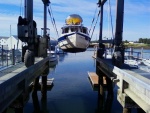 Going back in at Hylebos marina after a fresh coat of bottom paint, new transducer, and some zinc additions to the trim tabs for longer life