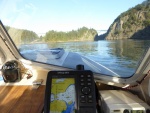 Approaching Deception Pass, about to go through Canoe Pass, the smaller less turbulent passage to the right.
