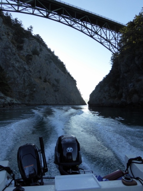 Exiting Canoe Pass to the outside, under Deception Pass bridge.