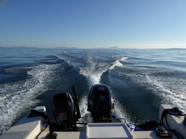 Heading South, crossing the East entrance to the Strait of Juan de Fuca.  The San Juans are off in the distance.