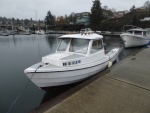 16 Angler in Friday Harbor Dec. 2016 - appears to have never had a hatch installed, and no color stripe. Was this a bare-bones model used in a rental fleet perhaps?