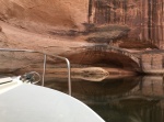 Davis Gulch just up from the arch.  The small looking overhang here is actually huge & boats can beach on either side of the center rock.  Under the overhang in the sand is large totally protected area where there are normally a group of campers.