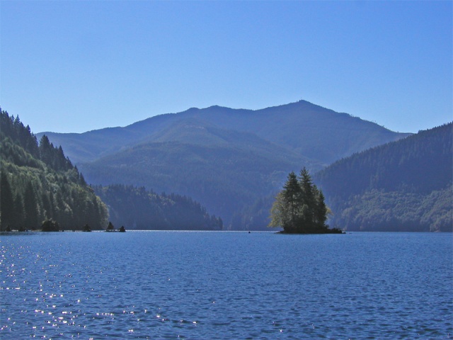 A small island at the west end of the lake