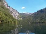 The head of the inlet showing the top of Chatterbox Falls and the public pier on the right.