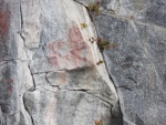 In to Desolation Sound to look for pictographs.  This appears to be a warrior with a weapon in his right hand.  The lower body may have fallen away.