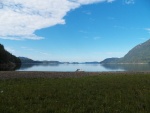 Lloyd Creek beach looking south down Homfray Channel towards Prideaux Haven Marine Park.  A gravel company has applied for a permit to quarry gravel here.  The BC government granted it. 
 Ahhh, progress.