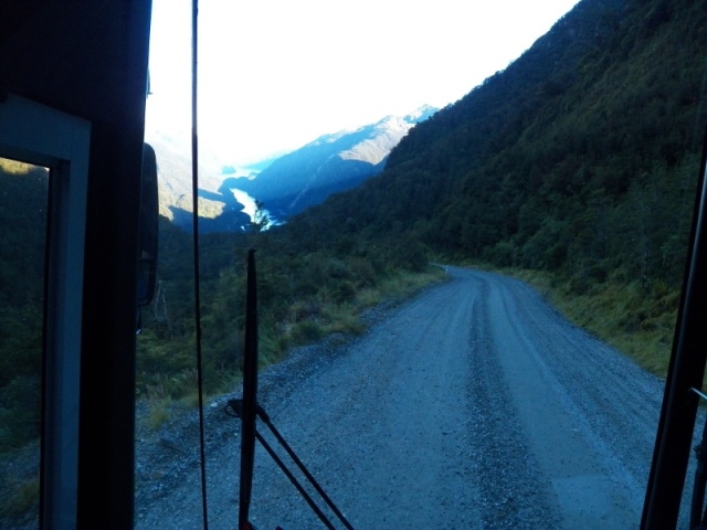 At the hydro station, we caught another bus to Doubtful Sound.  That is Doubtful in the distance.  It gives a little insight in to how steep this road is.