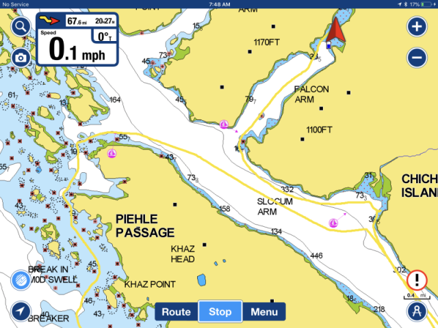 Tracks.  Piehle Passage to Falcon Arm of Khaz Bay anchorage