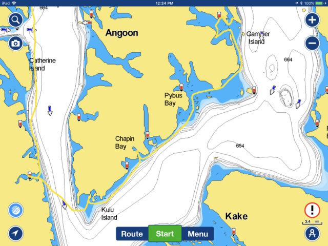 Tracks down Chatham Strait to Warm Springs Bay then around south tip of Admiralty Island to anchorage in GambierBay