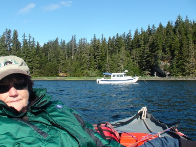 Coming back to the anchored Hunkydory after exploring Kootznahoo Inlet in the dingy.  The 13 foot Kaboat with 6 hp Suzuki motor will do 11 mph with JoLee & I & 14.5 mph with just me & run in very shallow water.