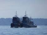 Two Army tugs tied together and heading north.