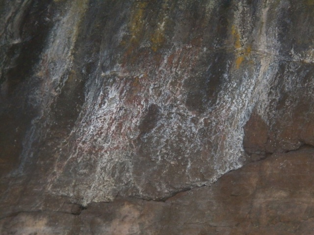 I'm not convinced that Petroglyph Cove ever had petroglyphs.  There are some reddish stains (which could indicate obscured pictographs), but there are all kinds of mineral stains on the overhang.