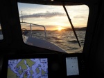 With a stiff breeze from the South West, had to slow to about 9 knots from East Sound most of the way to Friday Harbor. Finally pulled in at 8:30 in darkness.