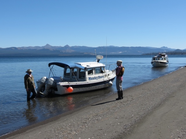 Photo by Kevin.  Jay & Laura with the Dorys near Dot Island beach