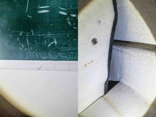 Left half of photo shows a faint crack on the starboard hull gelcoat (just below green stripe) just above a chine. Right half of photo shows a crack in the gelcoat on the inside of the hull at the forward cabin bulkhead (as seen from berth area), just below the top of the chine.
