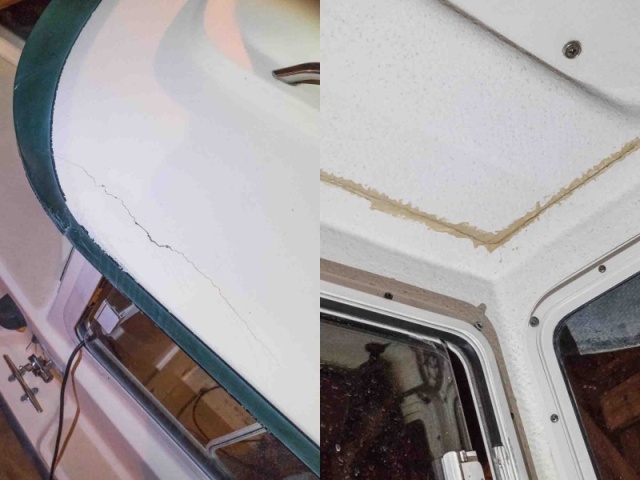 There is a crack in the fiberglass eyebrow on the port side of the roof in the same general area as a poorly repaired crack in the cabin ceiling fiberglass.