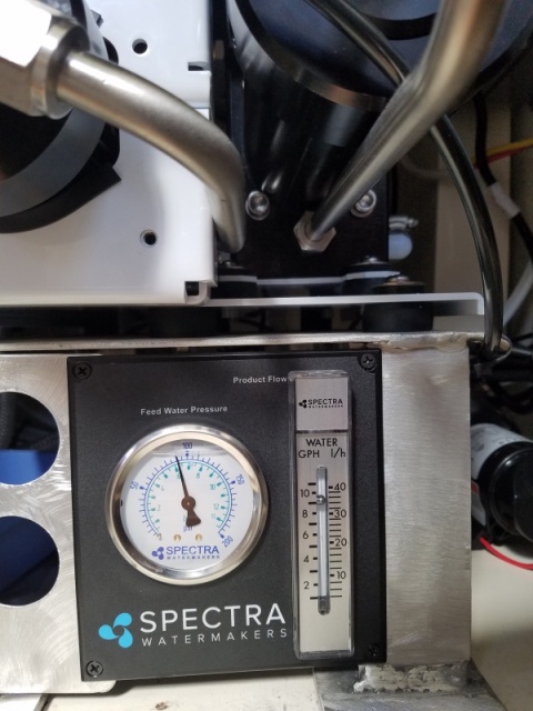 The flowmeter shows we are making over 8 gallons an hour from the salty Sea of Cortez. 8 amps draw out of 14 amps put out by the solar system midday in Mexico. 