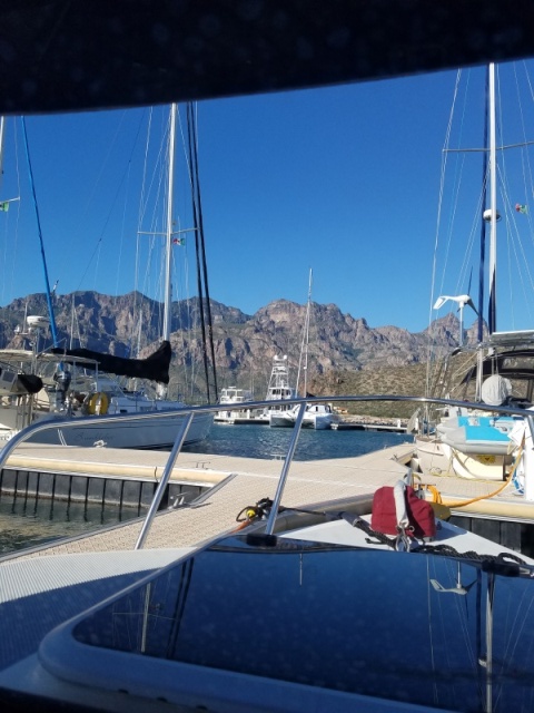 Morning coffee, nice view, Puerto Escondido.
Setting up the dinghy and it's outboard, portable gas, paddle board, running in the watermaker and all the other things we need to get off the road and head out on the water. So far we haven't needed the shore power the solar is charging to 100% mid day running the fridge, freezer and everything else.starting to watch the weather (wind) forcasts....