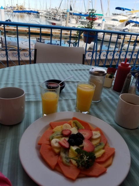 The breakfast $3 fruit plate at Marina de La Paz, along with hand squeezed orange juice, we love Mexico!