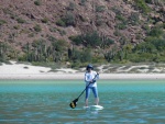 Dana paddeling in el Cardonal with a forest of Cardon cactus in the background behind the beach.