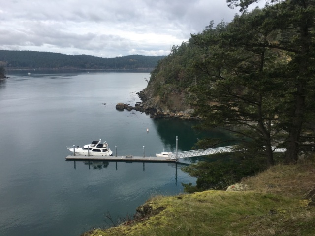 View from trail above. I enjoy sitting here with radio listening to the Sunday football games during the fall.  Most of the other boats have now left.