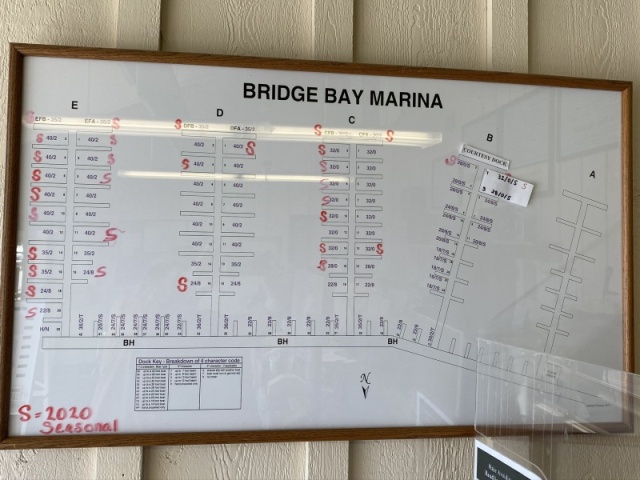 Bridge Bay Marina dock slips.  We are in B-1.  