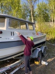 Applying the new name, vinyl sticker from Boats US