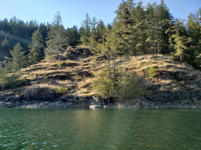 Attempting to stern tie in a stiff wind at Roscoe Bay