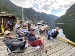 Gary & Colleen,  Daybreak, Karl & Nancy, Nowhere Fast, Rick & Kerry with their Tomcat & JoLee & I on the dock enjoying our get together with the blue sky warm weather & beautiful scenery.  Steve & Jodi, C-Time had already left earlier that day.