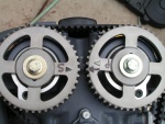 This shows the alignment of the cam sprockets when the flywheel shaft notch is aligned with its 
