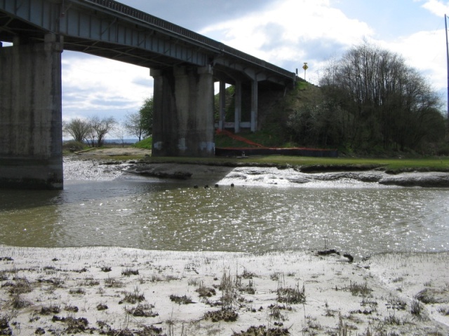 Stillaguamish River (Stilly) at SR 532 bridge, between Stanwood and Camano Island, looking west.  Tide at about +2 ft., actual depth unknown.