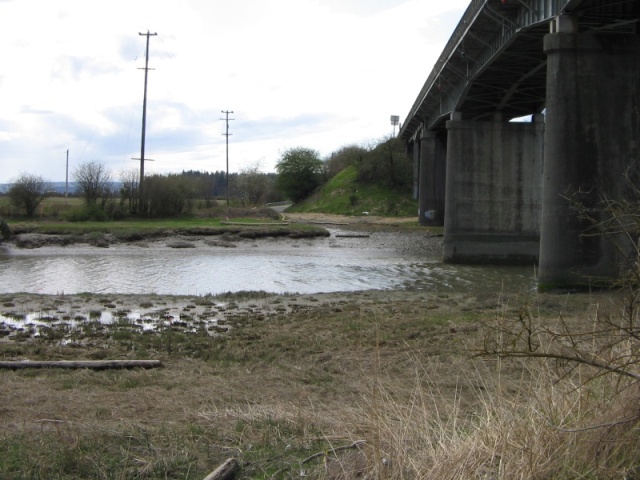 SR 532 Bridge, South side, looking west, launch ramp (muddy)on other side.