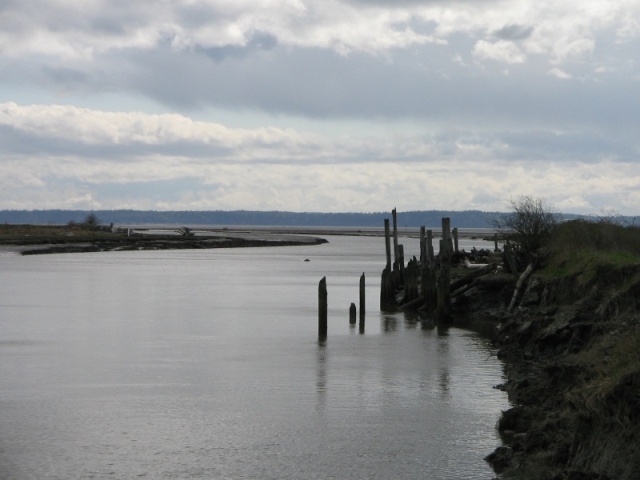 Entrance to South Pass.  Looking south, picture taken from end of paved road. Tide at about +2 ft., actual depths unknown.