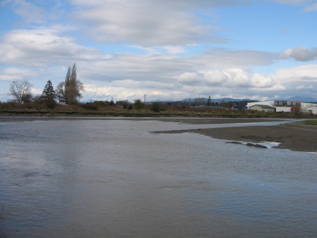 Junction of Stilly and South Pass, looking north.  Large white building is Twin City Foods in Stanwood. 