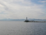 Burlington breakwater with Adirondack mountains in background 