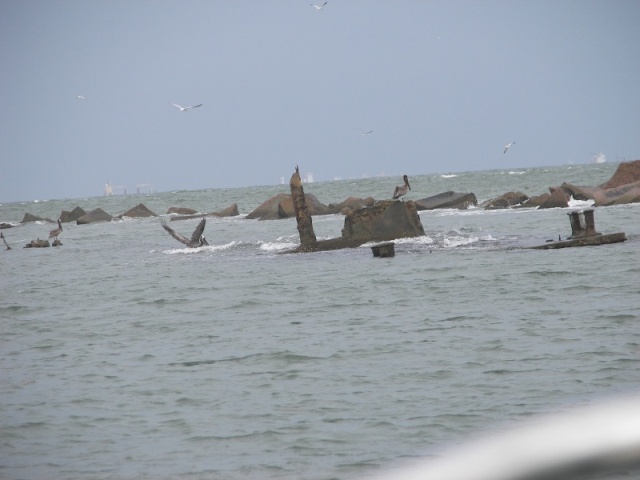 Submerged wreck by the Galveston North Jetty was an excellent fishing spot. The bird on the left just dived in this one.