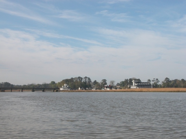 (Sea Angel) Pagan River view of Smithfield Station Marina. The bridge to the left is VA Business Route #10 that passes in front of the marina facility and then along to the famous Smithfield Ham Processing Plant, just north of down town Smithfield, VA.. 