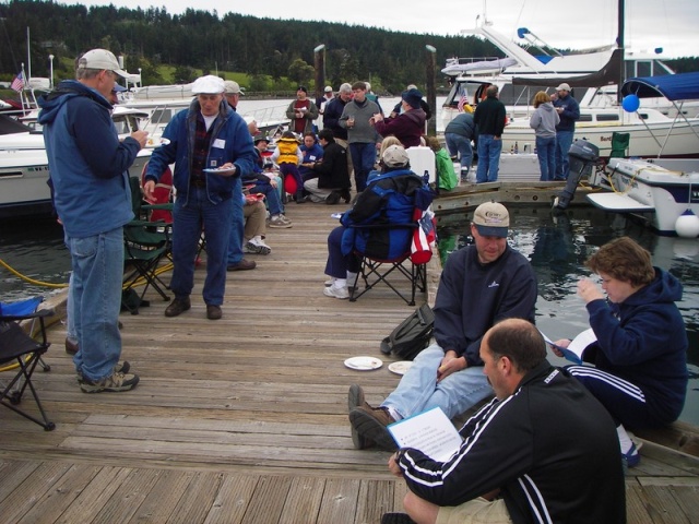 C-Brats on the dock at Lopez Fisherman's Bay CBGT, Our first encounter away from Sequim Bay.