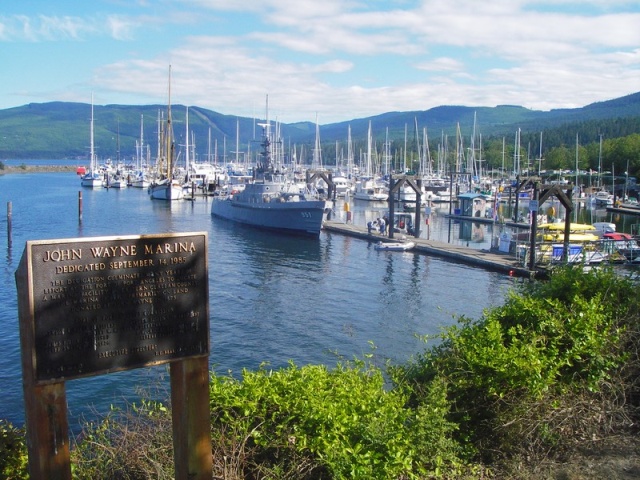 John Wayne Marina with active duty Navy Ship, the Olympic Venture, (Submarine tender) moored at entrance float.