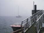 Ramp to dock at SBSP.  Permanent SB resident just off SBSP dock, with fog coming in at near high tide.  The sailboat has been moved (since last fall '12) but is still in Sequim Bay.  State Park forced the move, it was fouling the park mooring buoys.