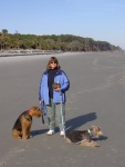 Marcia with Freyja and Valkyrie at the beach in SC at Hunting Island State Park.